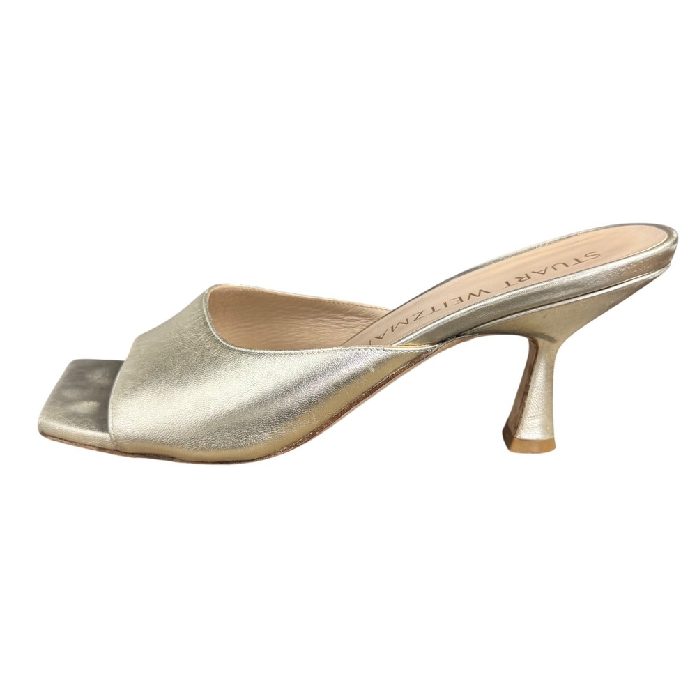 Stuart Weitzman Gold Metallic Leather Square Toe Kitten Heel Mules Size 9.5